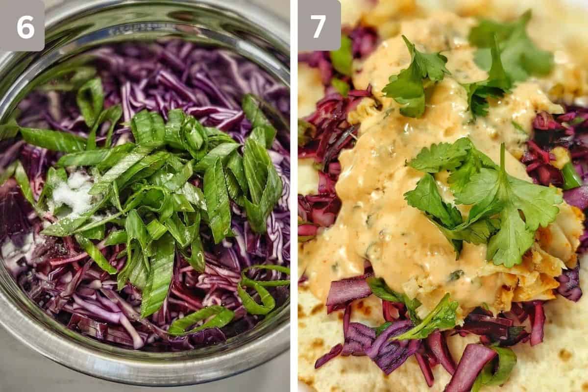Image 1 - Cabbage topping ready
Image 2 - cabbage added and pink sauce added to tacos