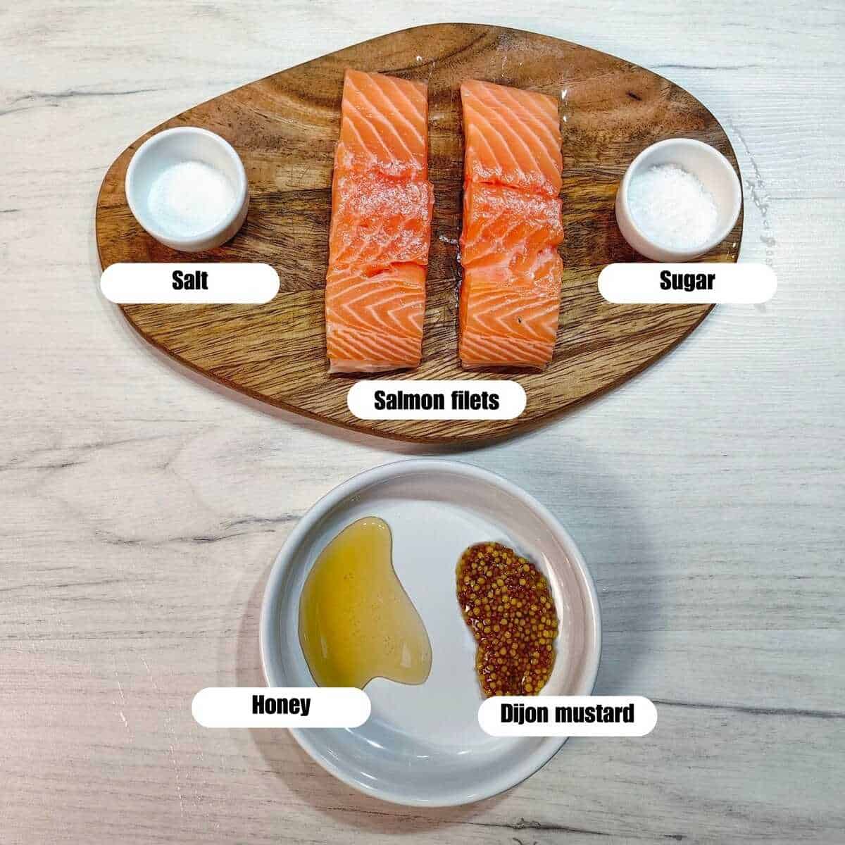 flat lay shot of ingredients of air fryer honey mustard salmon