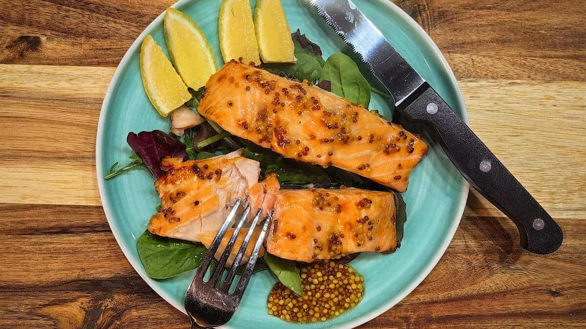 top view of the air fryer honey mustard salmon