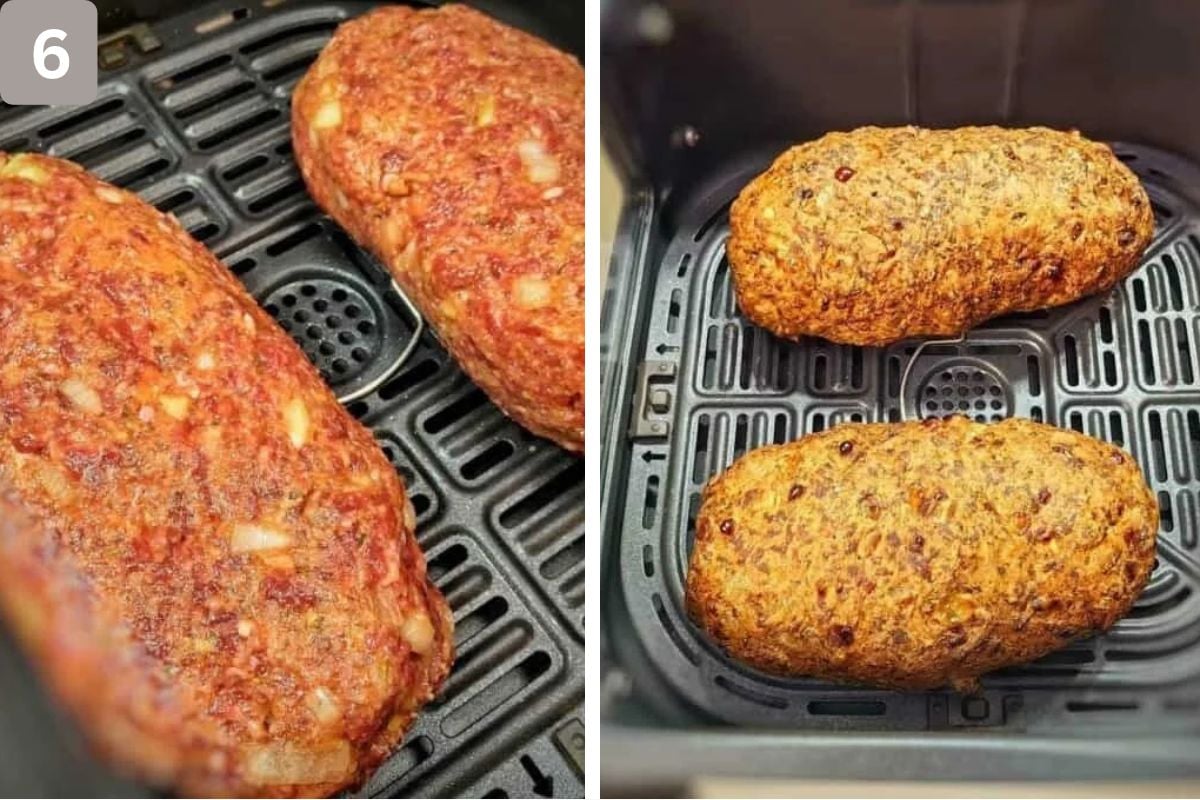 raw and partly cooked meatloaf in the air fryer basket