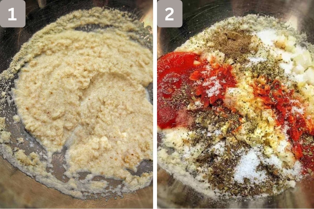 breadcrumbs and milk combined and egg, finely chopped onion, minced garlic, tomato paste (or ketchup), soy sauce, basil, oregano, salt, and black pepper mixed in