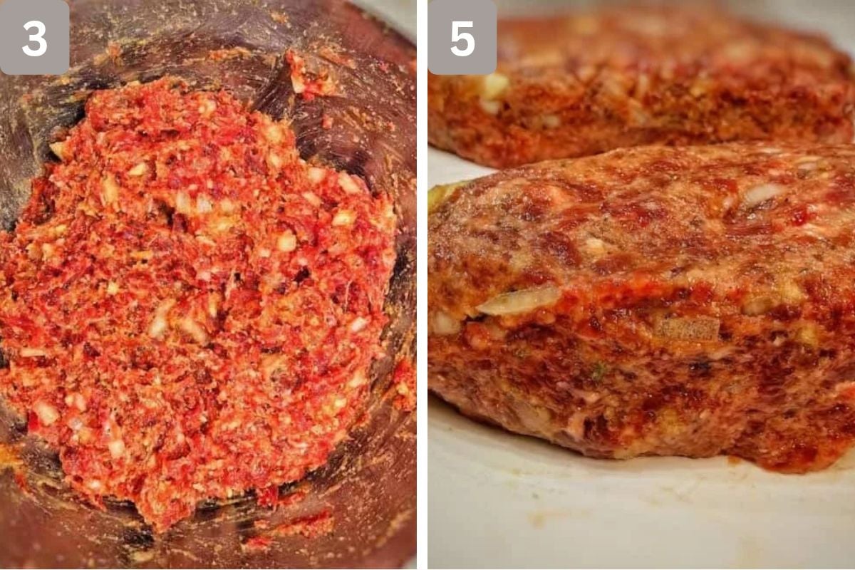 ground beef added to spice mixture and shaped in 2 pieces