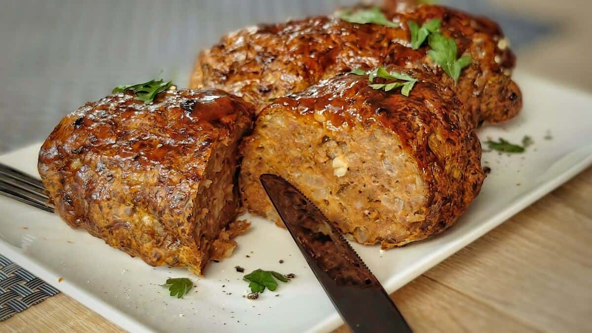 air fryer meatloaf on a white serving plate with knife