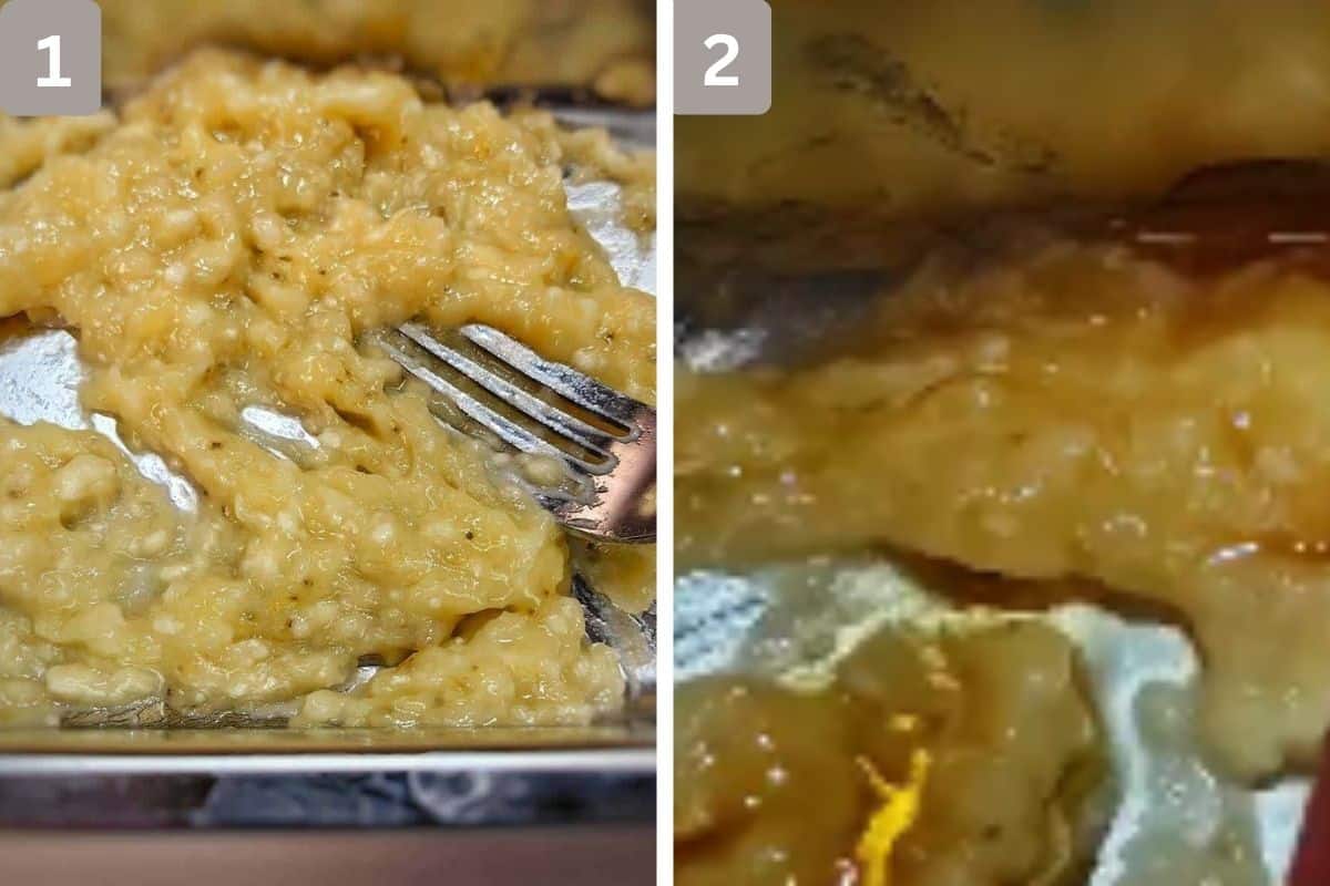 Bananas mashed in a bowl and maple syrup and vanilla extract added on the right.