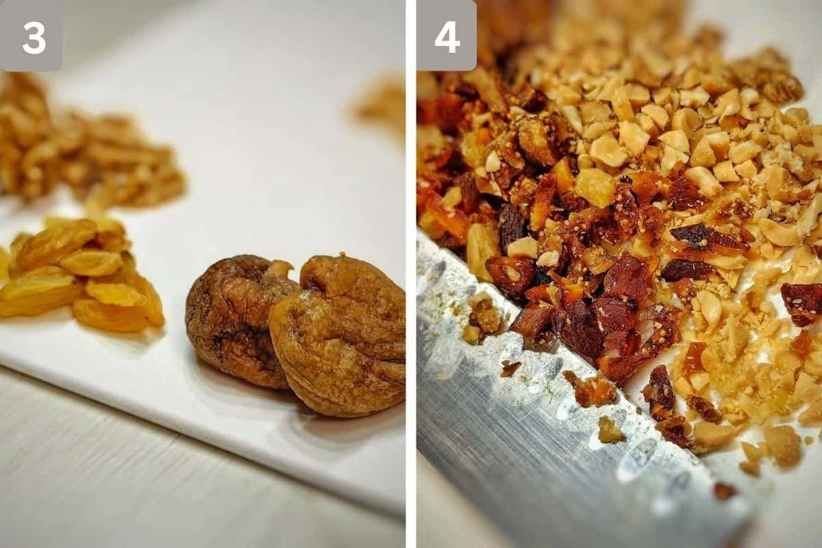 different dried fruits and nuts on a chopping board and chopped dried fruits, nuts and seeds