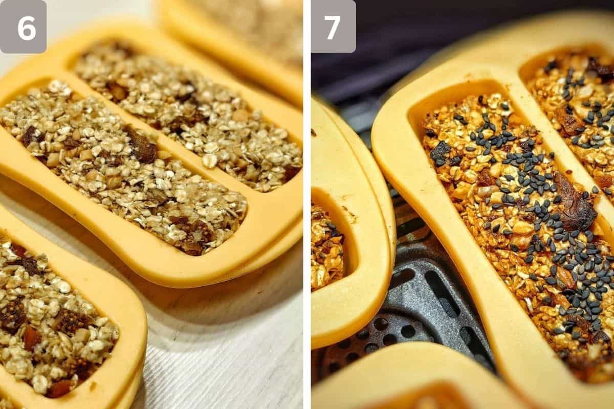 Oatmeal mixture equally divided in silicone molds and then placed in air fryer on the right