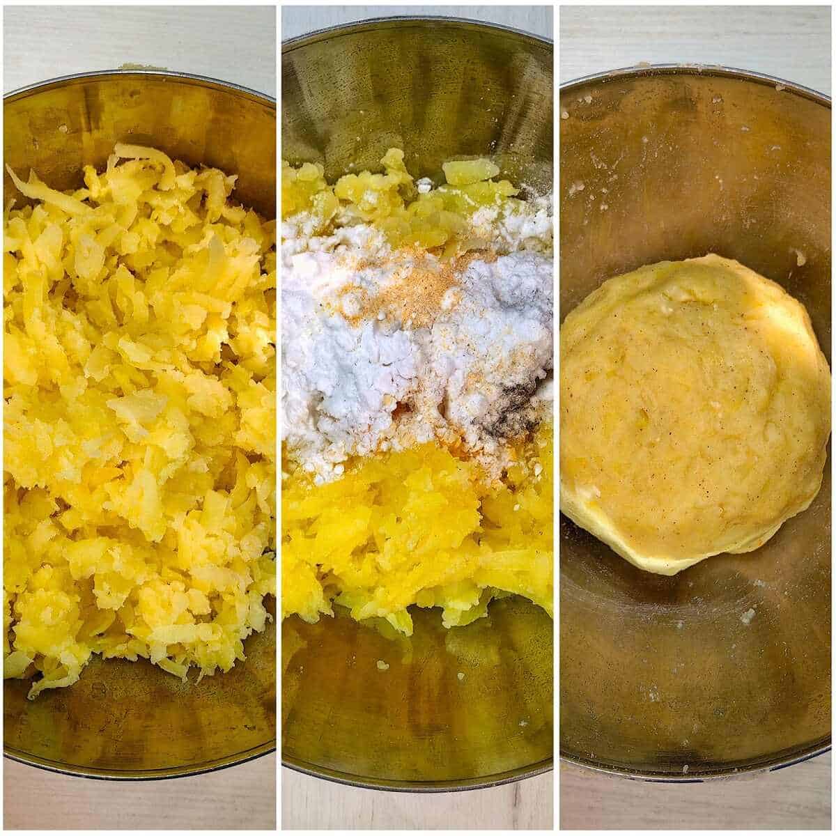 collage of grated potato and potato dough in metal bowl