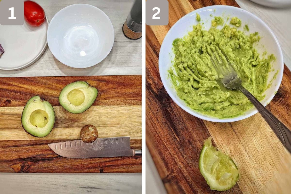 Avo cut in half. pit removed, and mashed in a small bowl