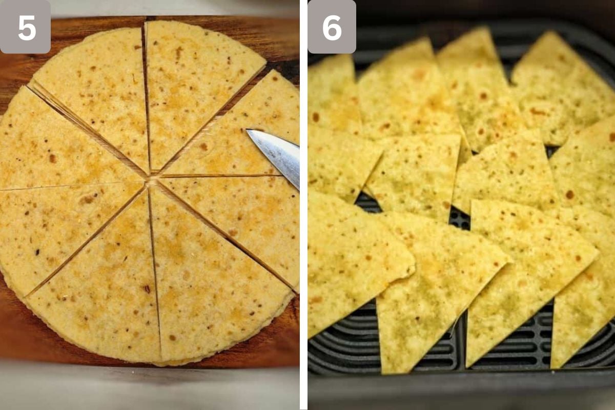 Tortillas cut into triangles and placed in a single layer in the air fryer basket