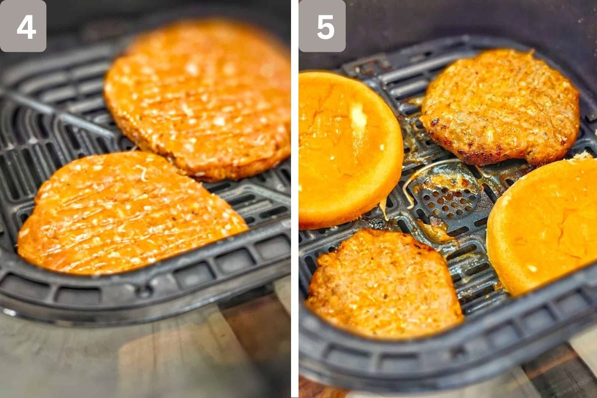 patties on the bottom of the air fryer basket and buns toasted 5 minutes before cooking time ends