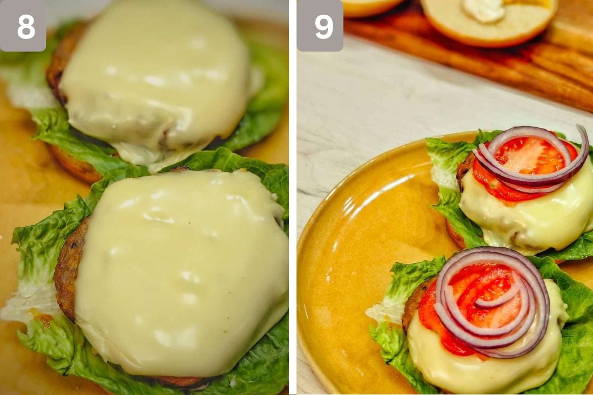 Mayonnaise on cooked patties and the rest of the burger assembled