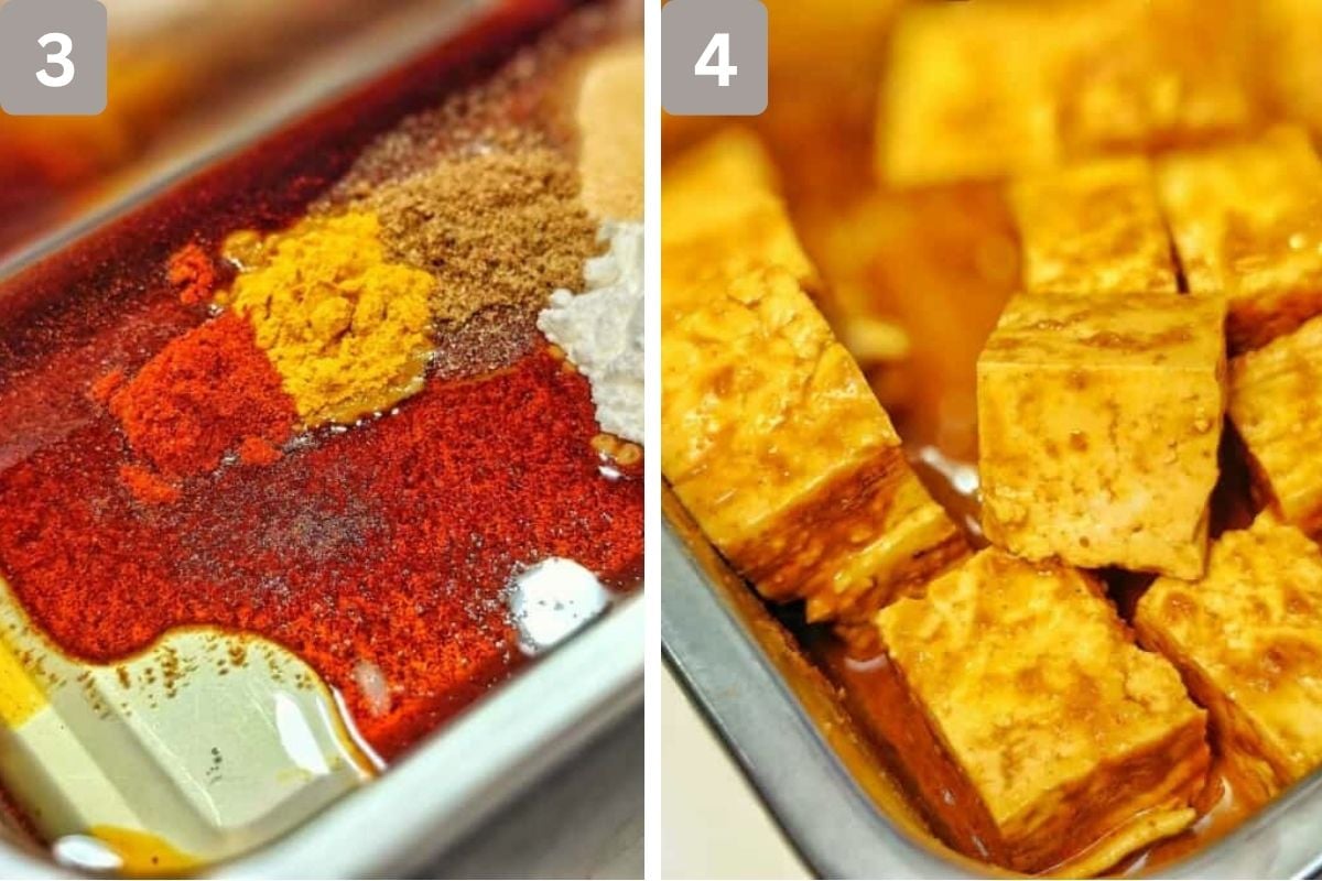 soy sauce, sesame oil, cornstarch, garlic powder, turmeric, paprika, and ground coriander combined and tofu added and coated in marinade