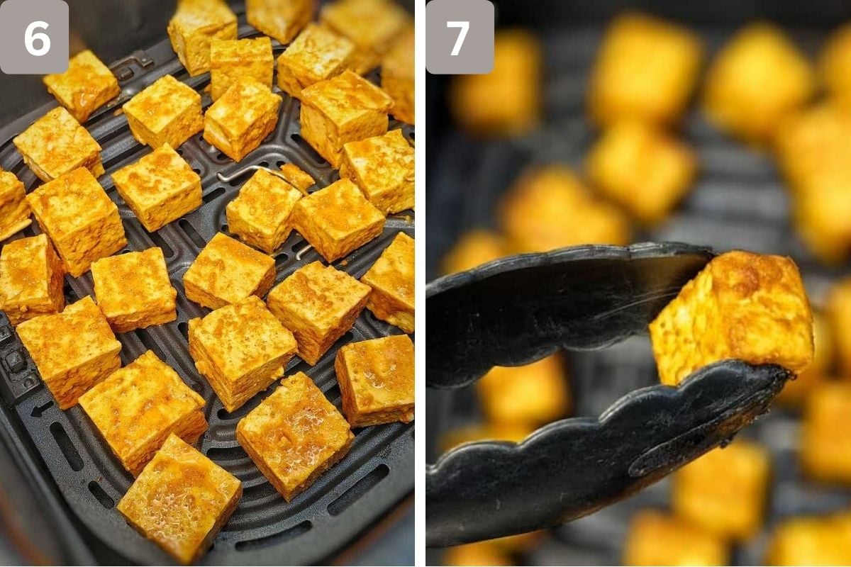 tofu in a single layer in air fryer basket and cooked until brown
