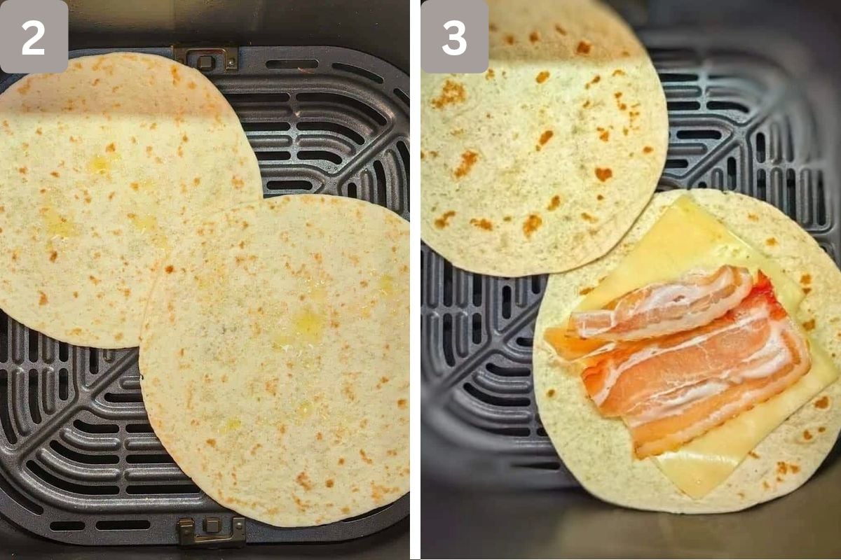 2 Quesadilla in the air fryer basket and bacon and cheese added