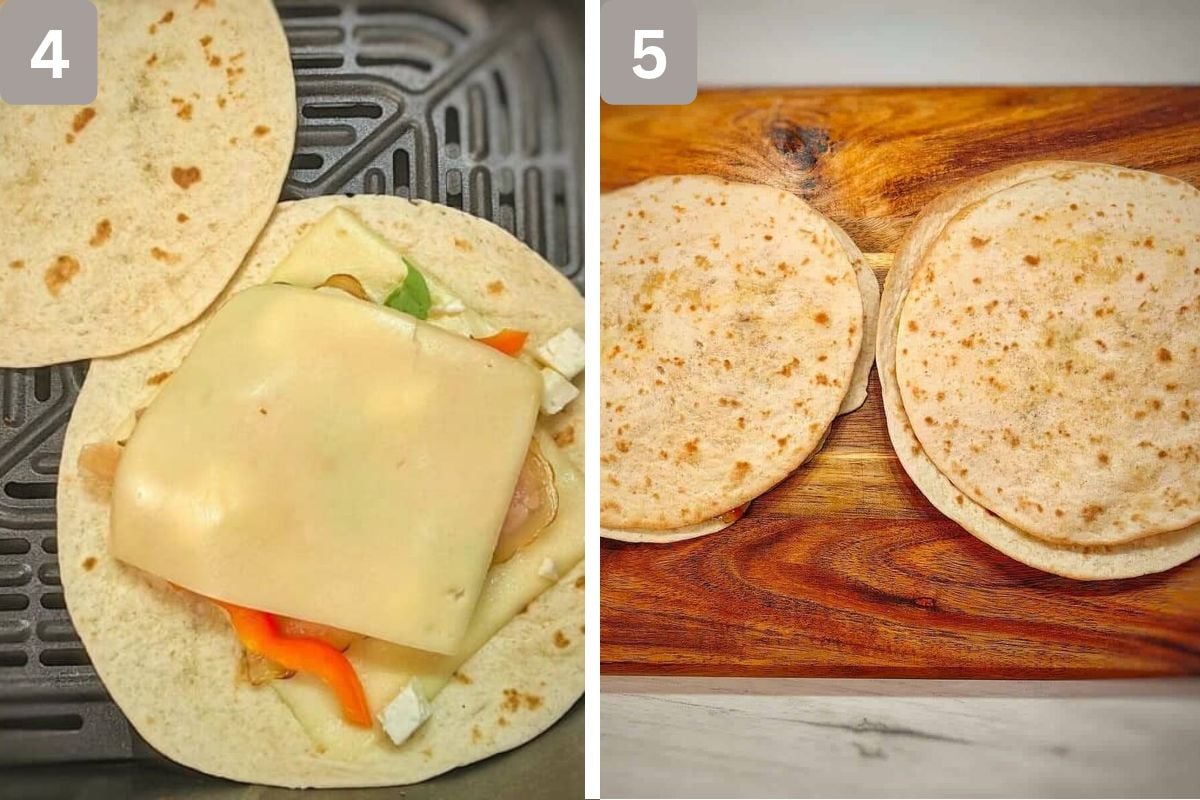 fillings added to Quesadillas and Quesadillas ready to be sliced