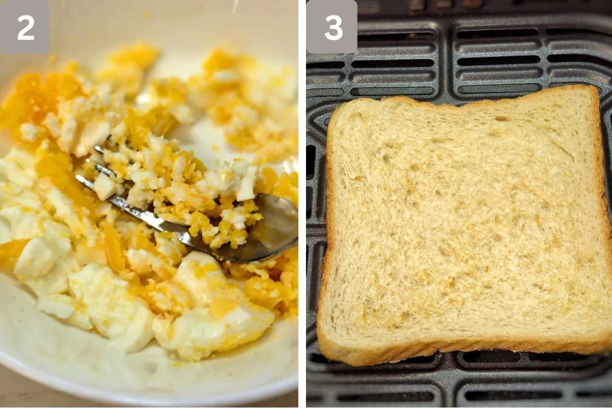 Egg mashed with a fork and a slice of bread slightly toasted in the air fryer