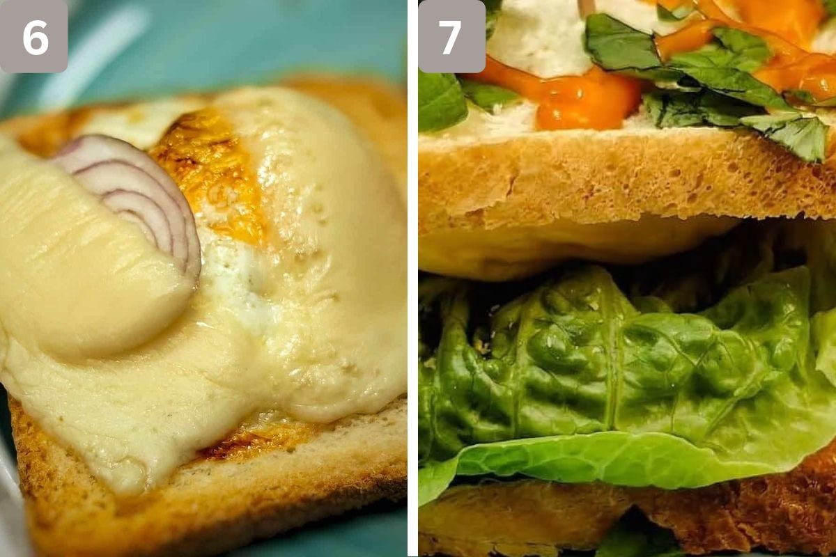 toppings added to the egg slice and slice of toasted bread placed on top