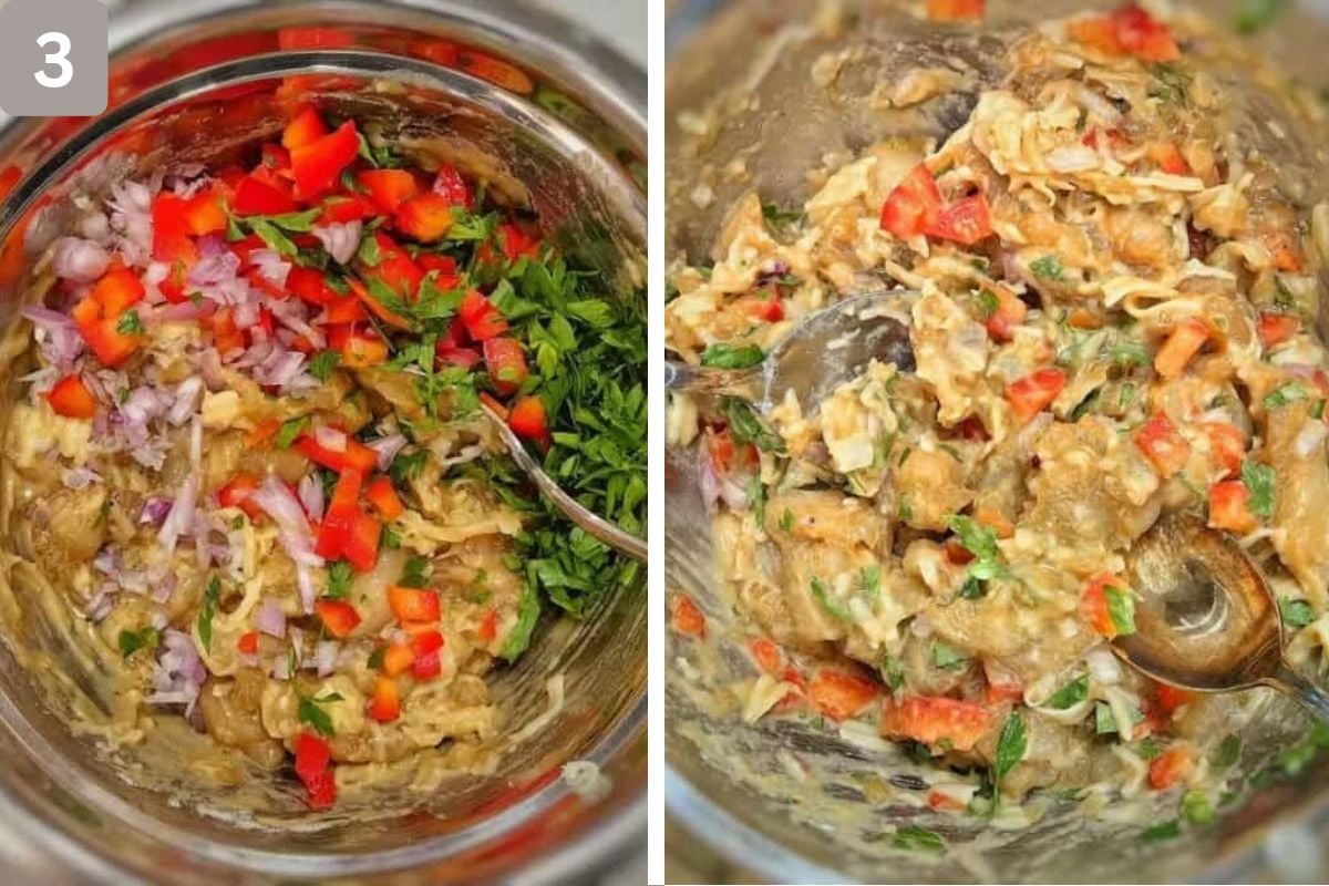 flour and finely chopped onion, bell pepper, and parsley mixed in 