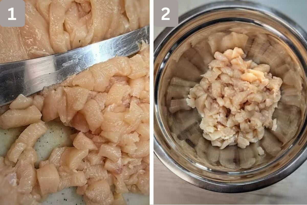 Diced chicken and added to a bowl with the egg