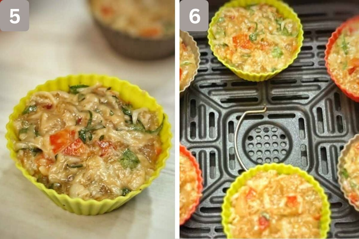 muffin cups filled and added to air fryer basket