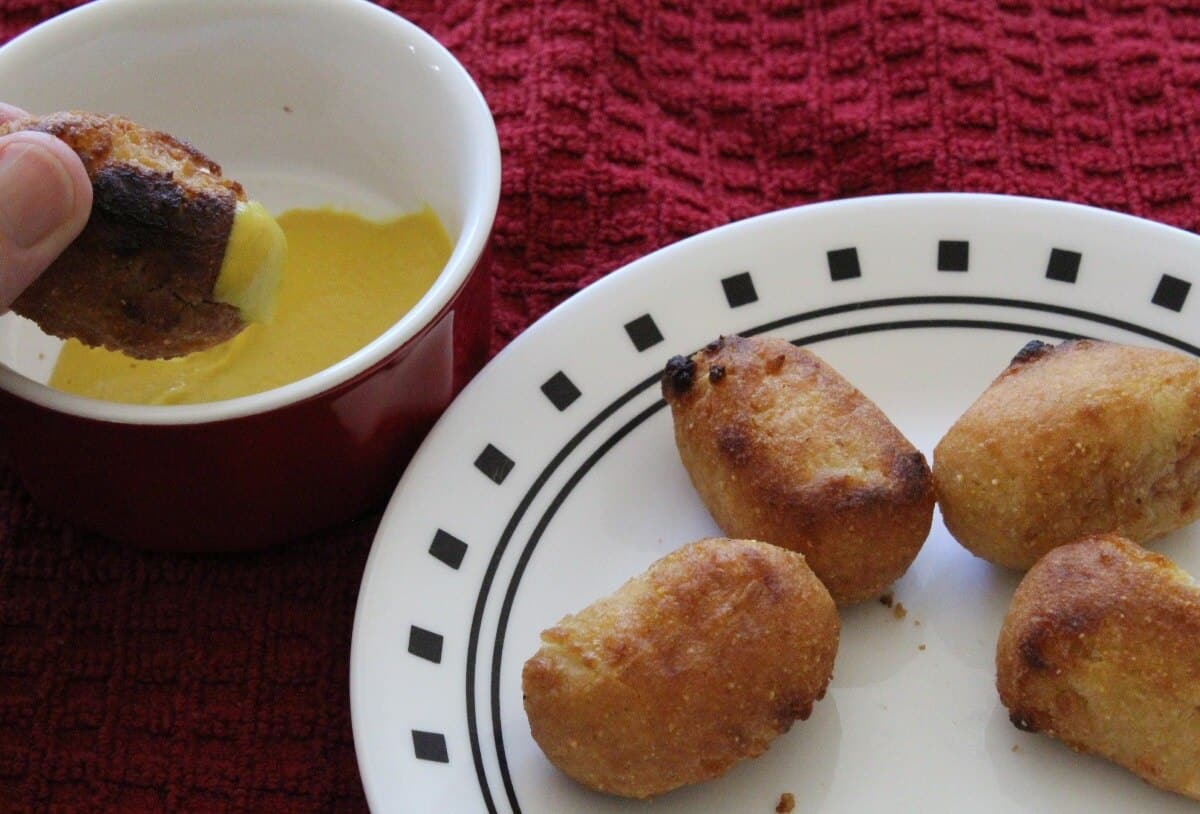 air fried mini corn dogs with a mustard dipping sauce