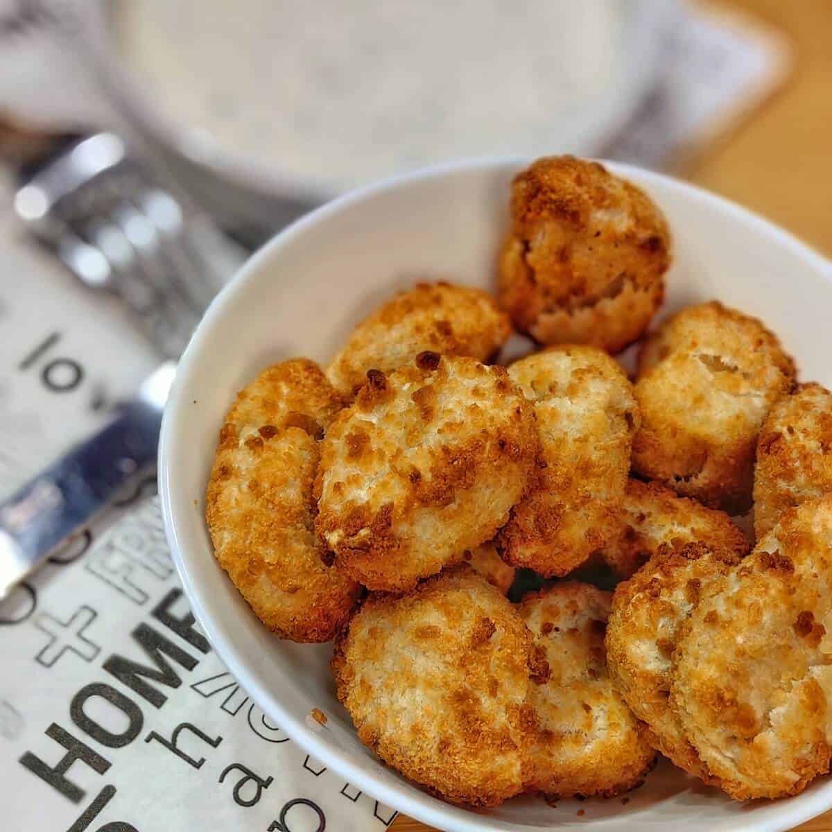 air-fried chicken nuggets in white serving bowl