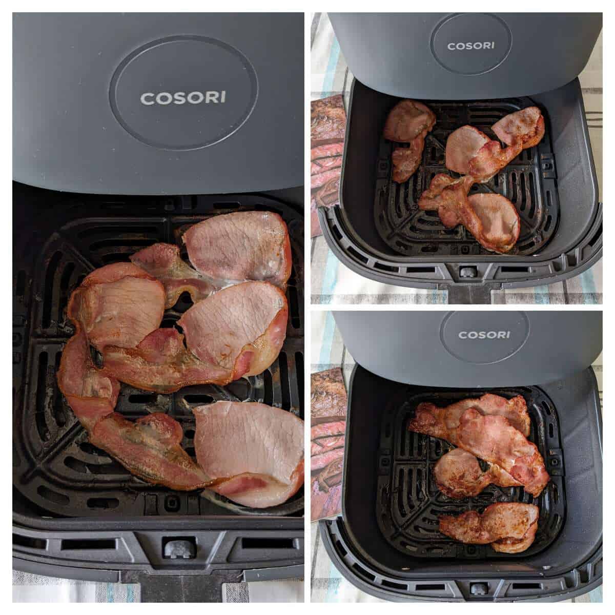 bacon in the air fryer basket collage