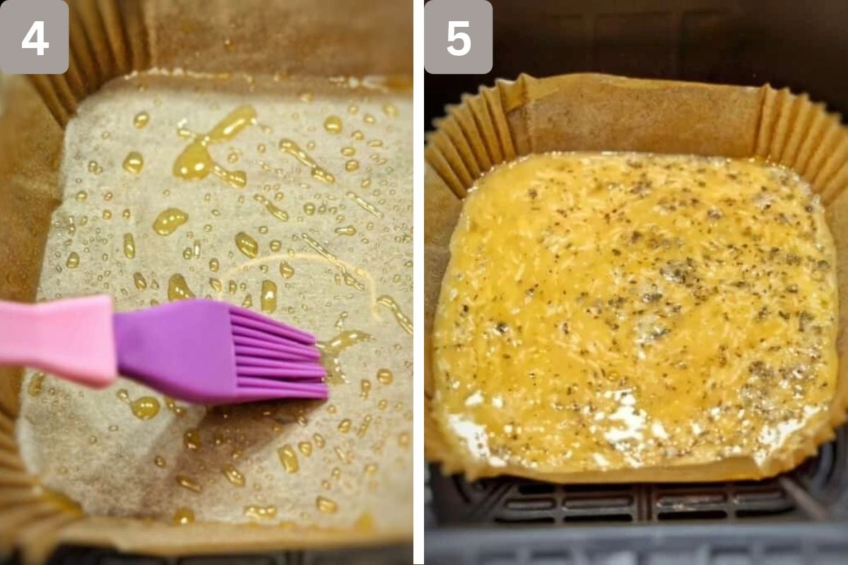 parchment paper brushed with olive oil and egg mixture pored into it