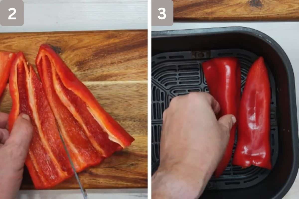Red peppers cut into slices and placed in the air fryer basket