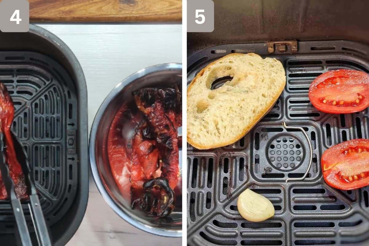 air fried red peppers being placed in a separate bowl and bread, garlic and tomato placed in air fryer basket
