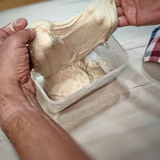stretching the ciabatta dough