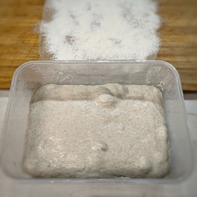 flour on chopping board and ciabatta dough inside plastic container