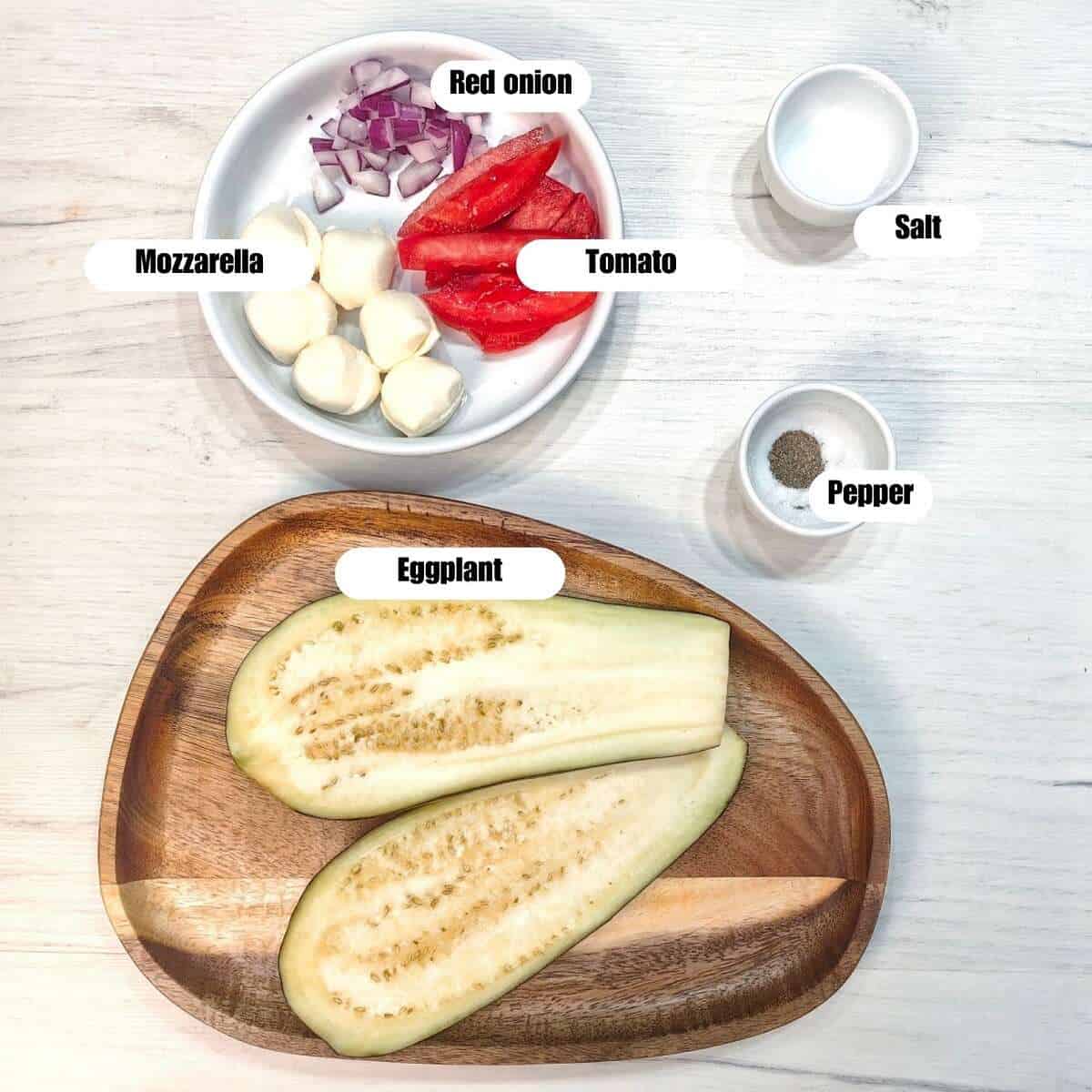 eggplant slices and other ingredients with labels