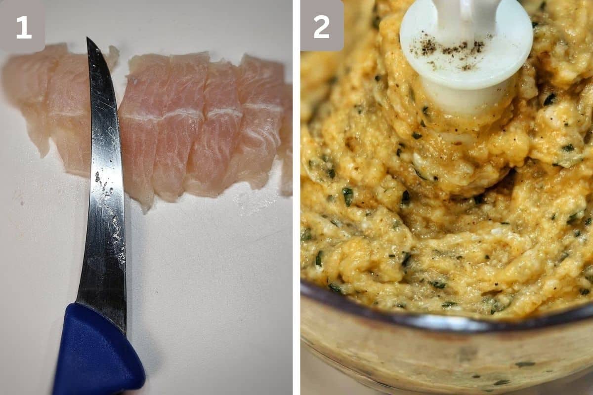 Fish cut into slices and the fish mixture prepared in image 2