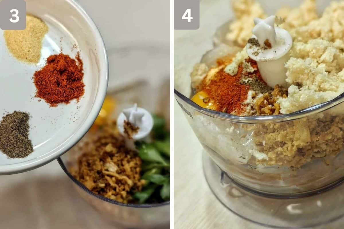 Spices being in a white dish in image 1 and spices being added to bread mixture in image 2