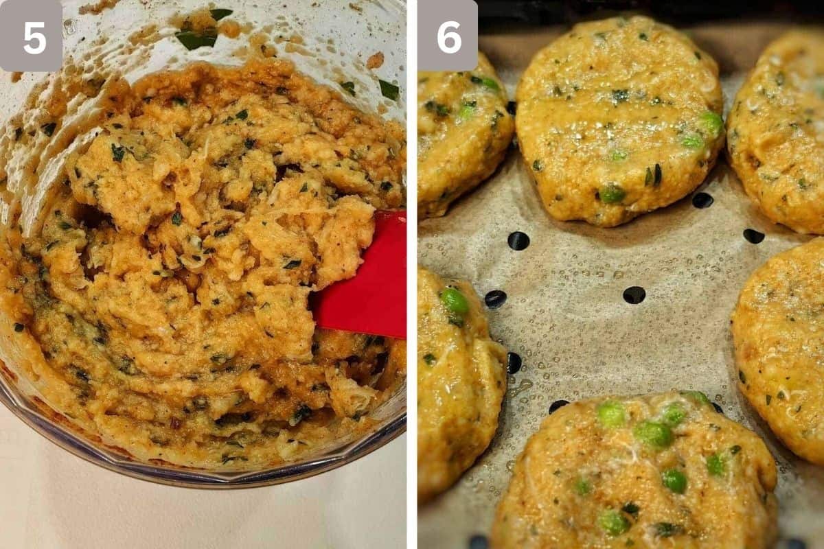 Fish dough in a dish completely mixed in image 1 and fish dough pressed slightly flat in image 2