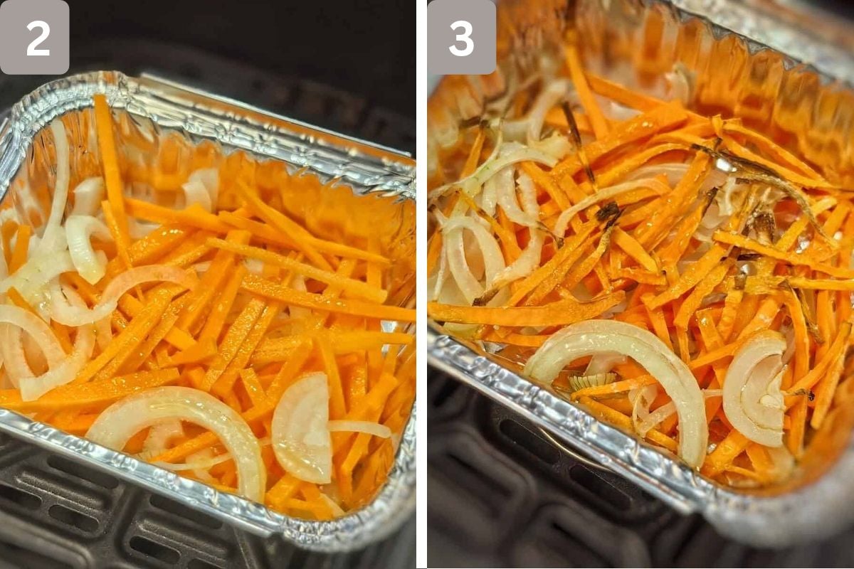 onion and carrot chunks in baking pan and then air fried