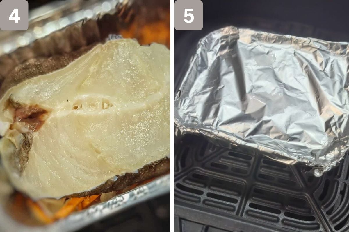 wolf fish added to baking dish and covered with foil