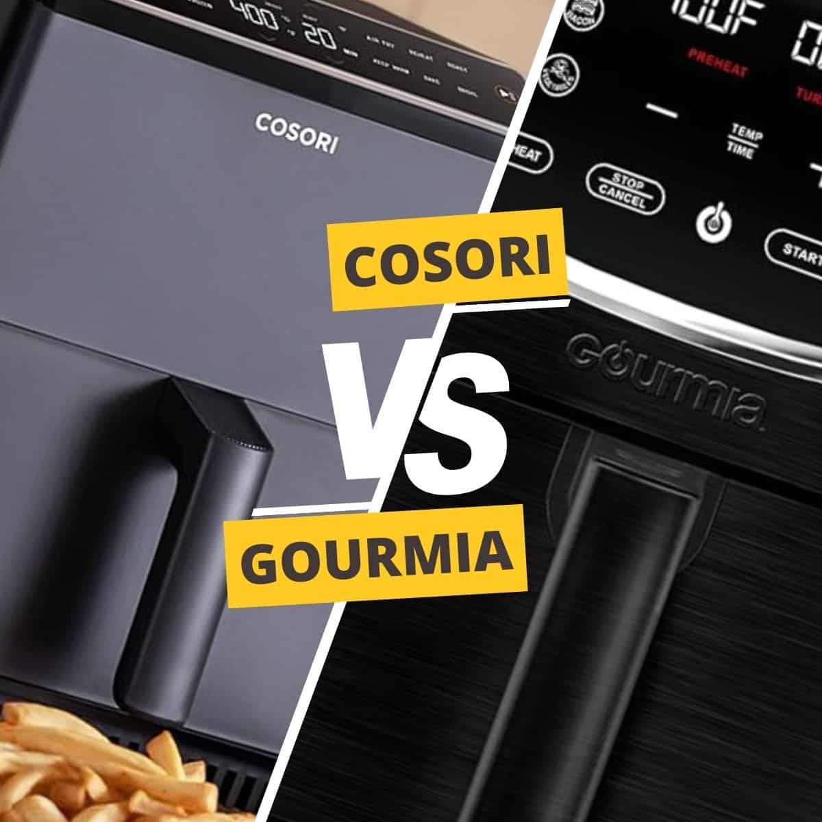 cosori vs gourmia air fryer collage