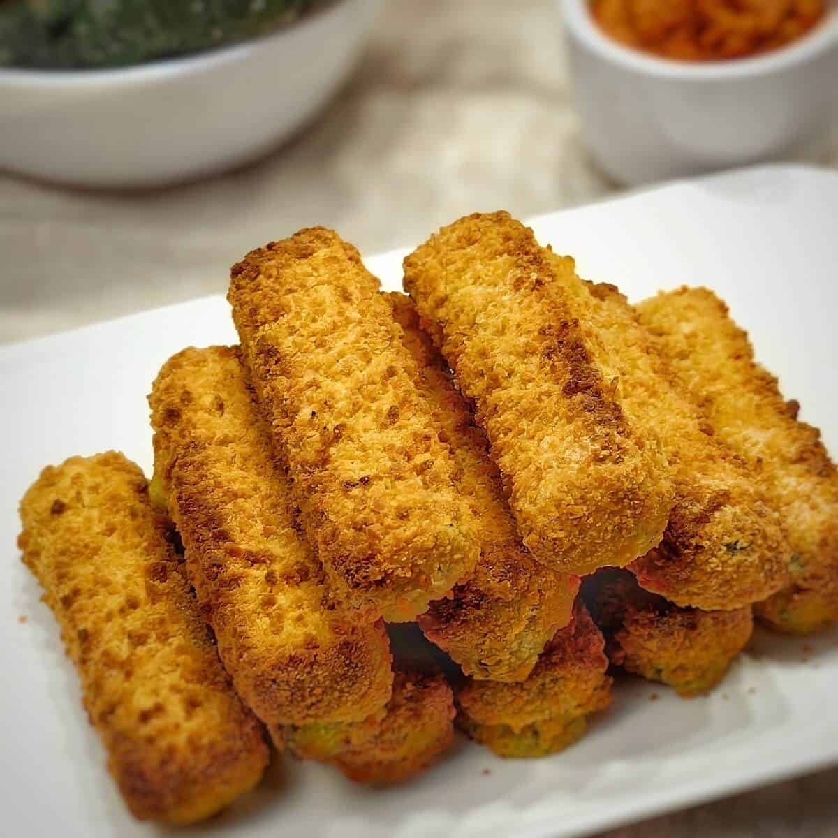 air fried frozen vegetable fingers on a serving dish
