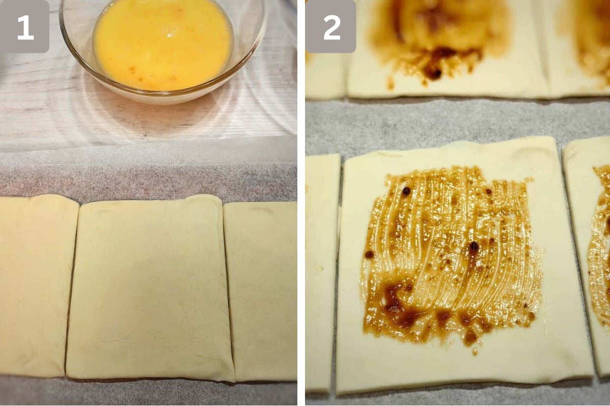 Puff pastry cut into 4 pieces and BBQ sauce spread on the sheets of pastry