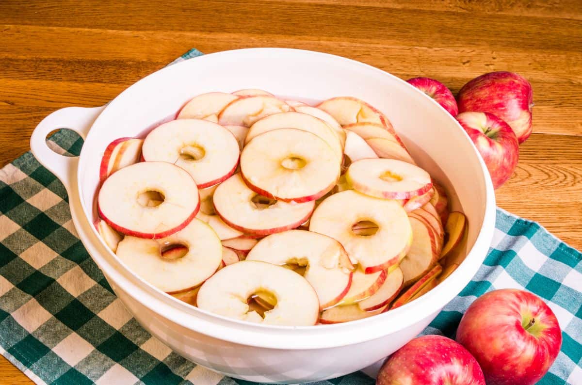 sliced apple rounds inside a big bowl
