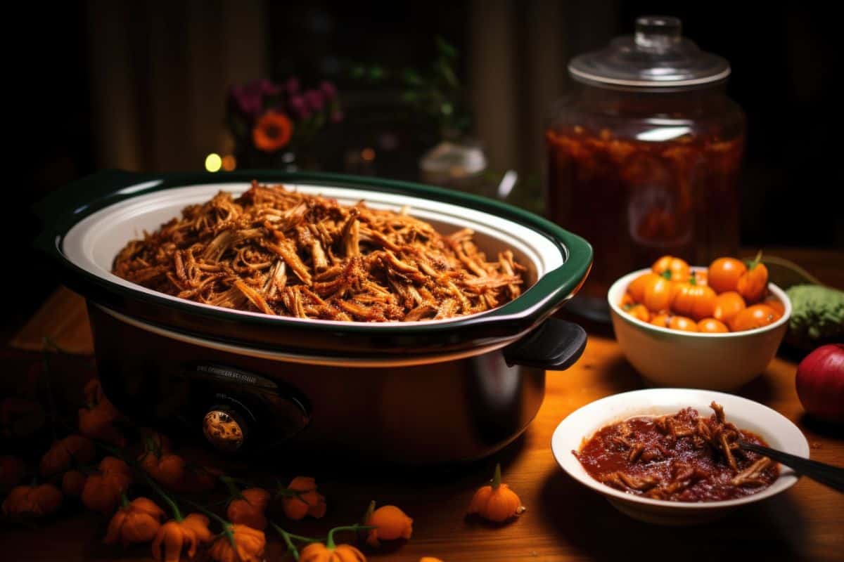 slow cooker with a pork dish on a kitchen spread