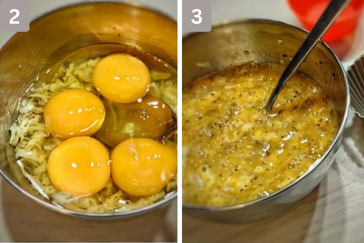 eggs, shredded cheese, salt, and pepper added to a bowl and mixed well