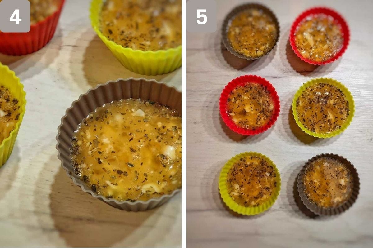Egg and cheese mixture added to egg molds until ¾ full