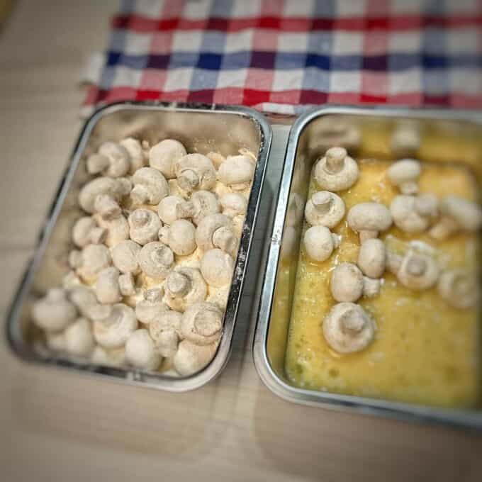 mushrooms in egg and mushrooms rolled in flour