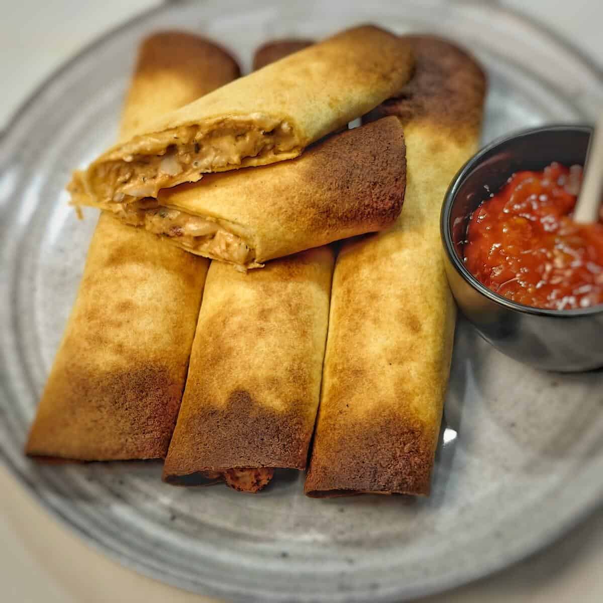 air fryer taquitos with red salsa