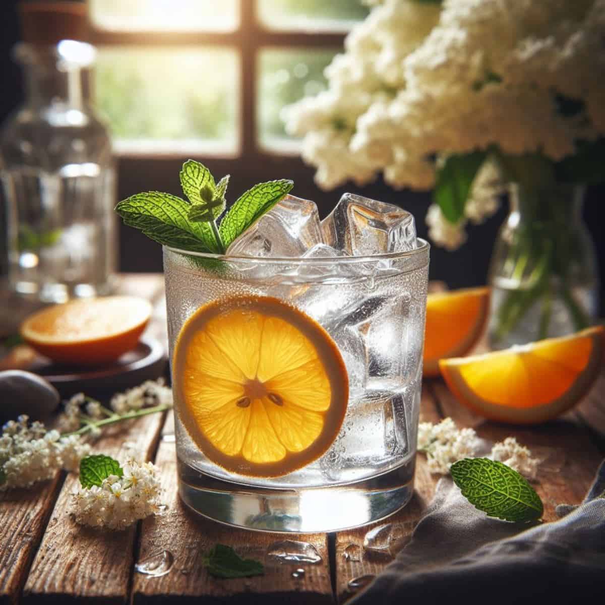 a cocktail with Lillet Blanc, orange slice and mint leaves, with flowers in the background