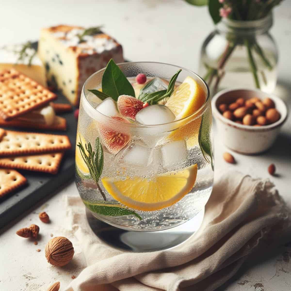 cocktail with vermouth, orange slices, ice cubes and with cookies and cheese in the background