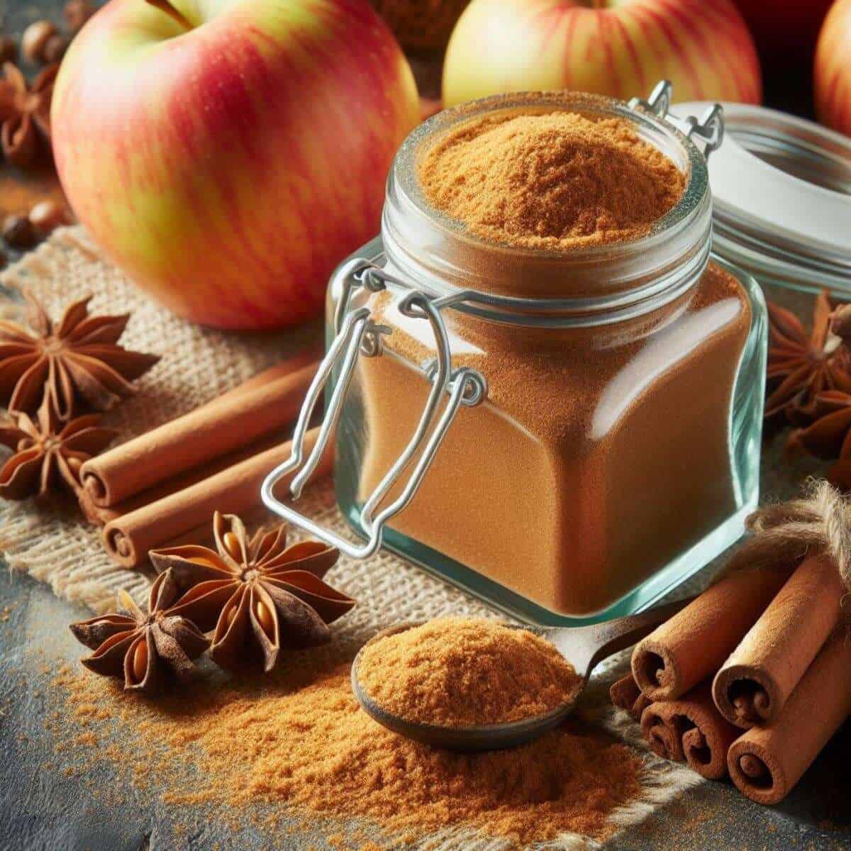 apple pie spice powder in a bottle with apples and cinamon